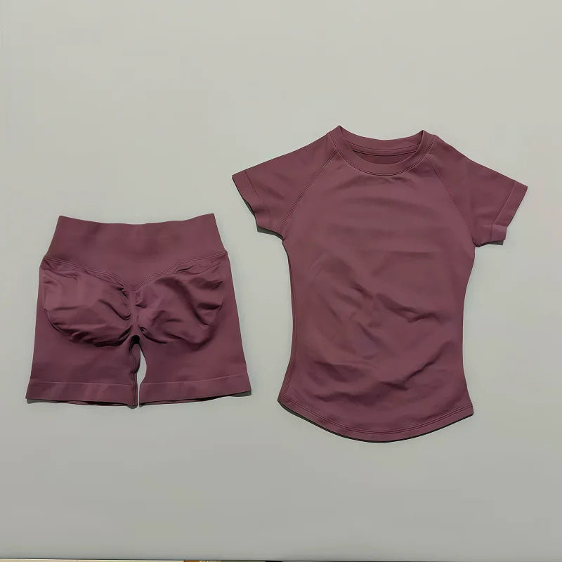 2 Pieces Impact Gym Sets Women Seamless knitted Yoga Short Sleeve Top Fitness Set Workout Running Sports Short Leggings Suit