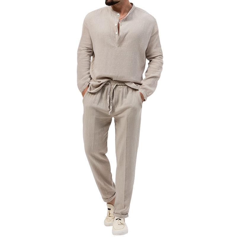 Men's Pure Color Casual Long Sleeve Shirt and Pants Set