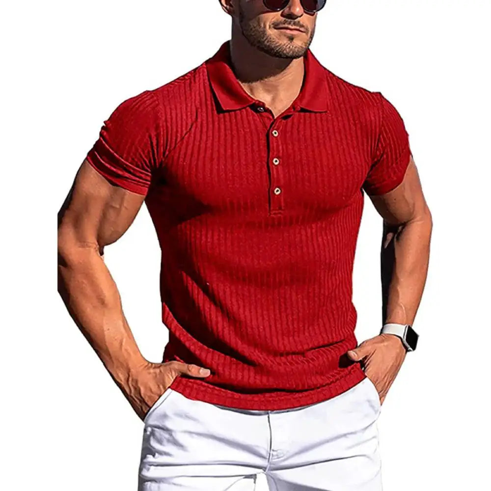 High Stretch Ice Silk Knit Stripe POLO Shirts Mens Slim Short-Sleeve Tops Tee Tshirt Lapel Neck Undershirt