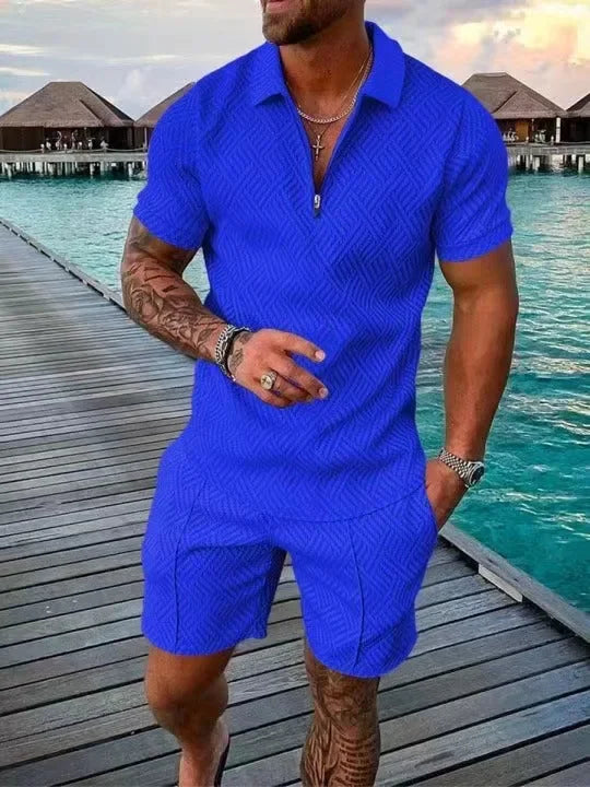 V-neck Zipper Short Sleeve POLO Shirt+Shorts