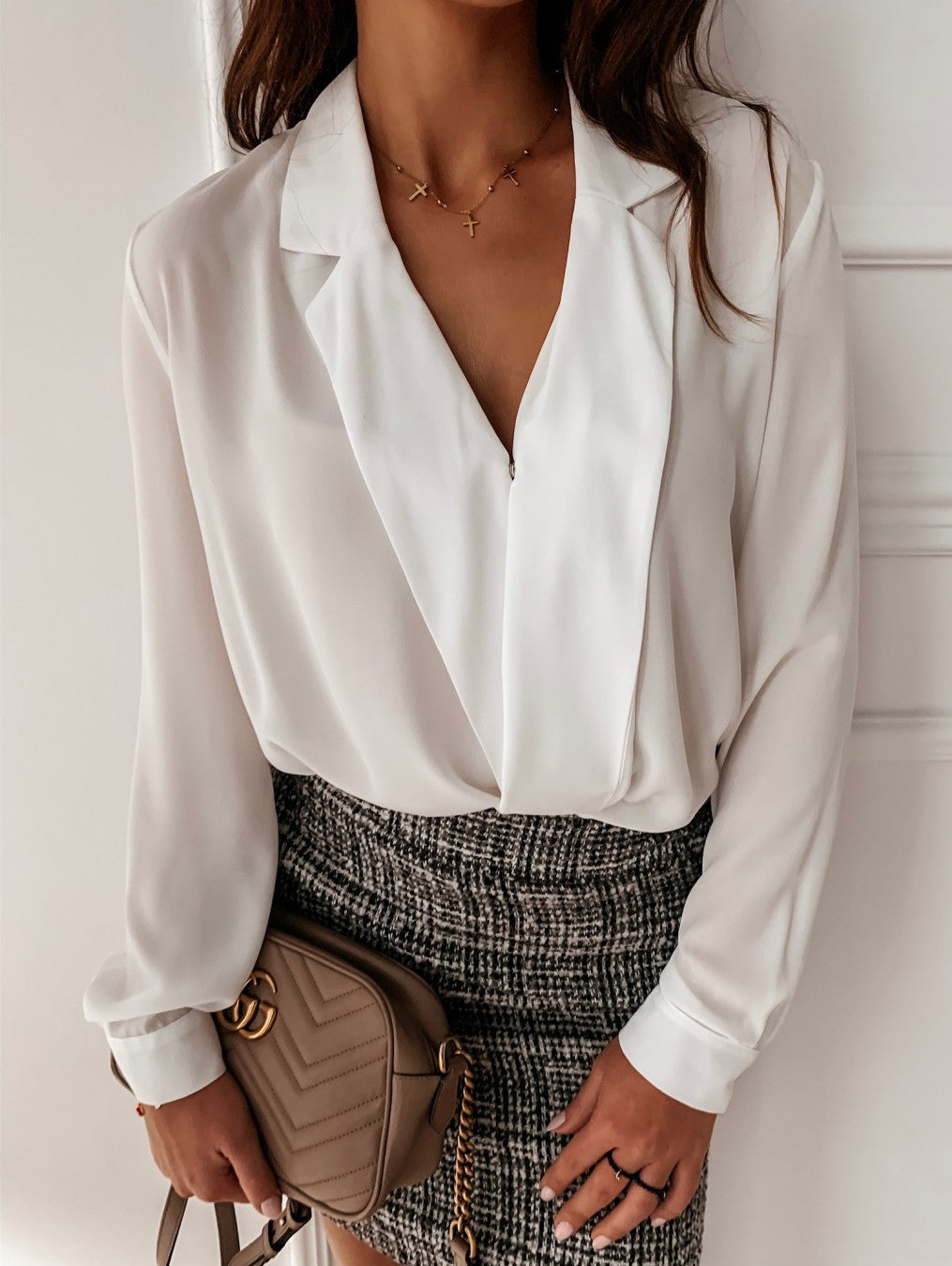 Solid Color Long Sleeve V-Neck Women's Shirt