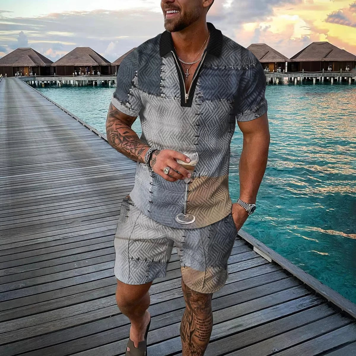 Summer 3D Print Men's Polo Shirt Set