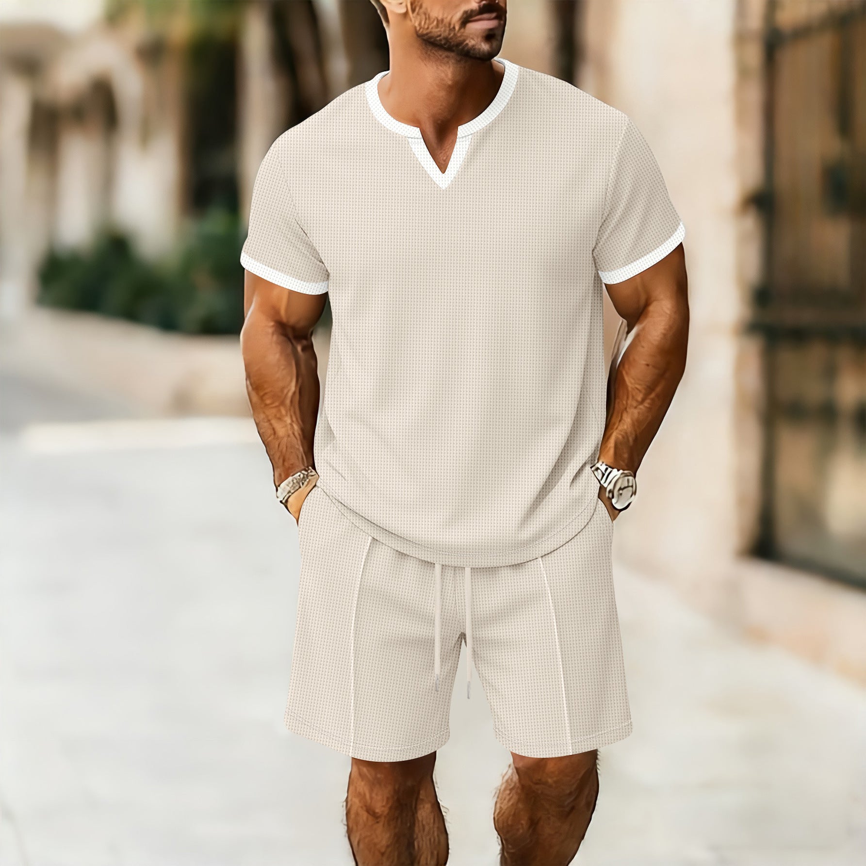 Waffle Pattern Men's V-Neck T-Shirt and Shorts