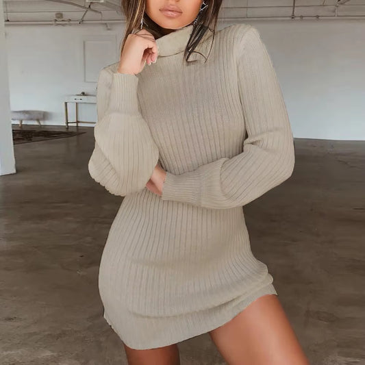   Knitted Women High Neck Wool Sweater Dresses  