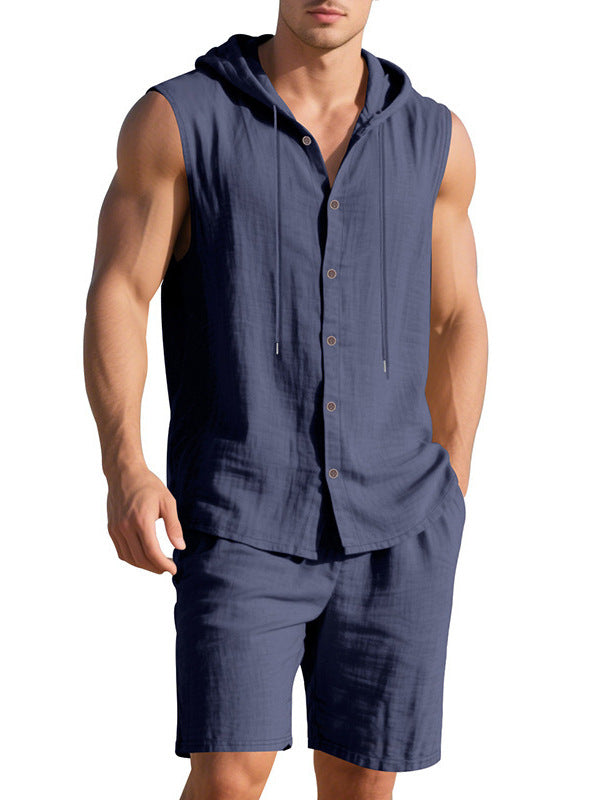 Men's Linen Hooded Vest and Shorts Set