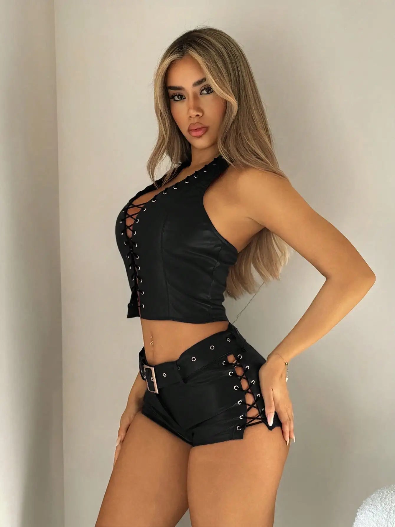 Burgundy Faux Leather Lace-Up Crop Top & High Waist Shorts 2 Piece Set for Night Out