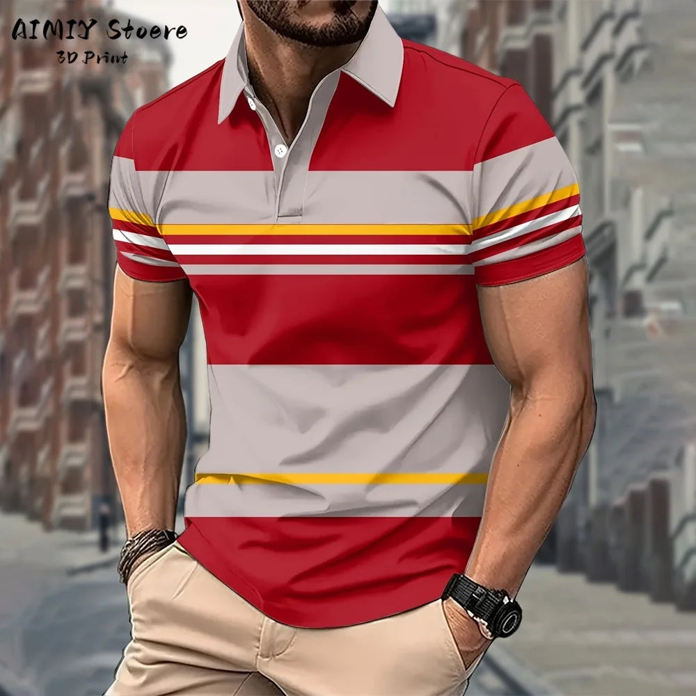 Men's Polo Shirt Striped Polo Shirt Casual Men's Top Short Sleeve Lapel Shirt White Base Gray Stripe Versatile Business Wear
