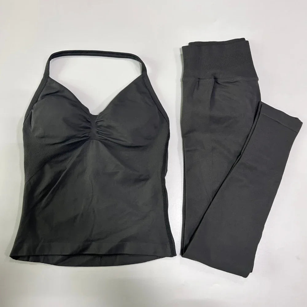 NO LOGO 2 Pieces Leggings Set Women Seamless Yoga Set Backless Tank Tops High Waist Scrunch Suit Fitness Scrunch Gym Sportswear