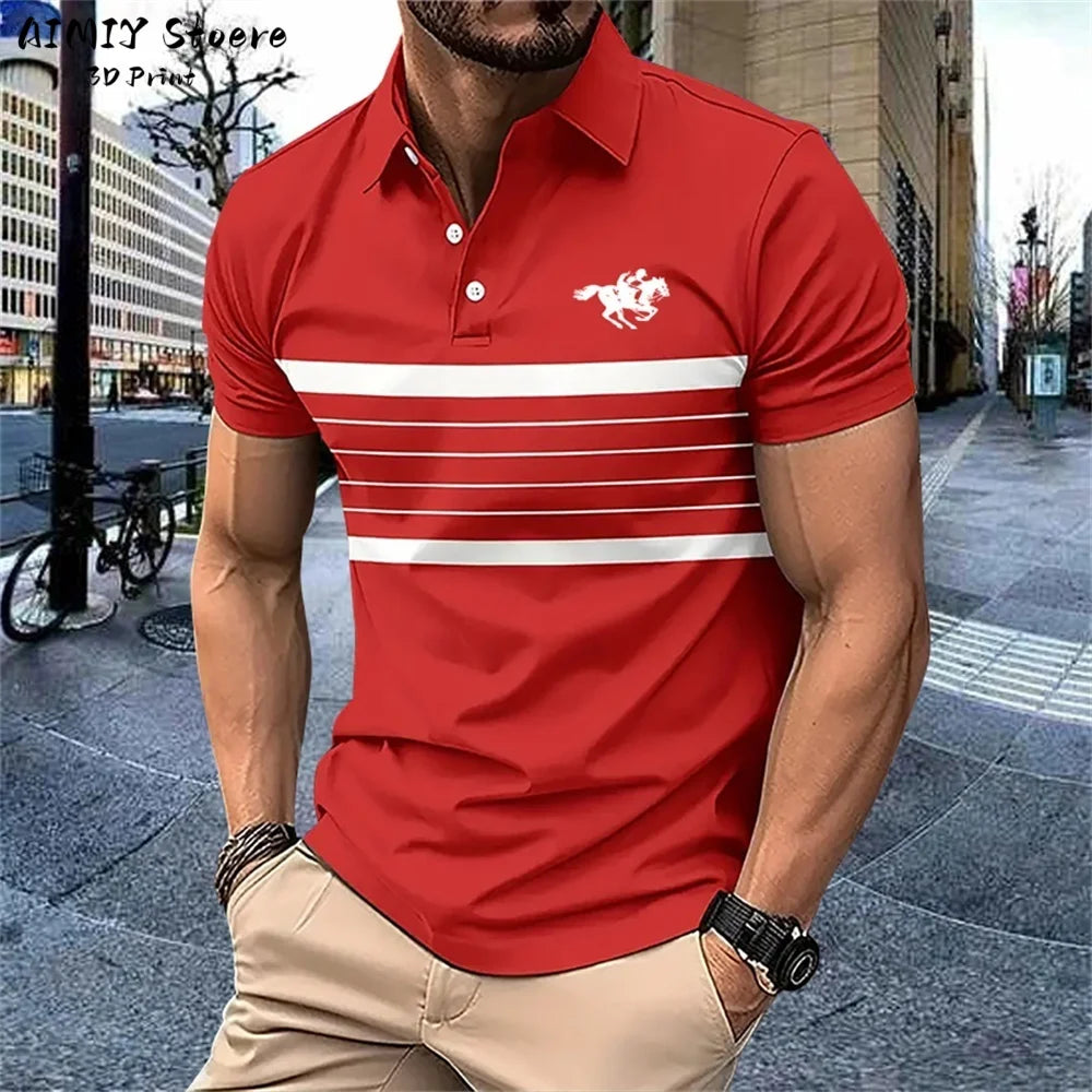 Men's Polo Shirt Striped Polo Shirt Casual Men's Top Short Sleeve Lapel Shirt White Base Gray Stripe Versatile Business Wear