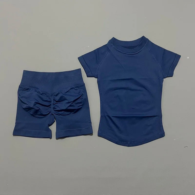 2 Pieces Impact Gym Sets Women Seamless knitted Yoga Short Sleeve Top Fitness Set Workout Running Sports Short Leggings Suit