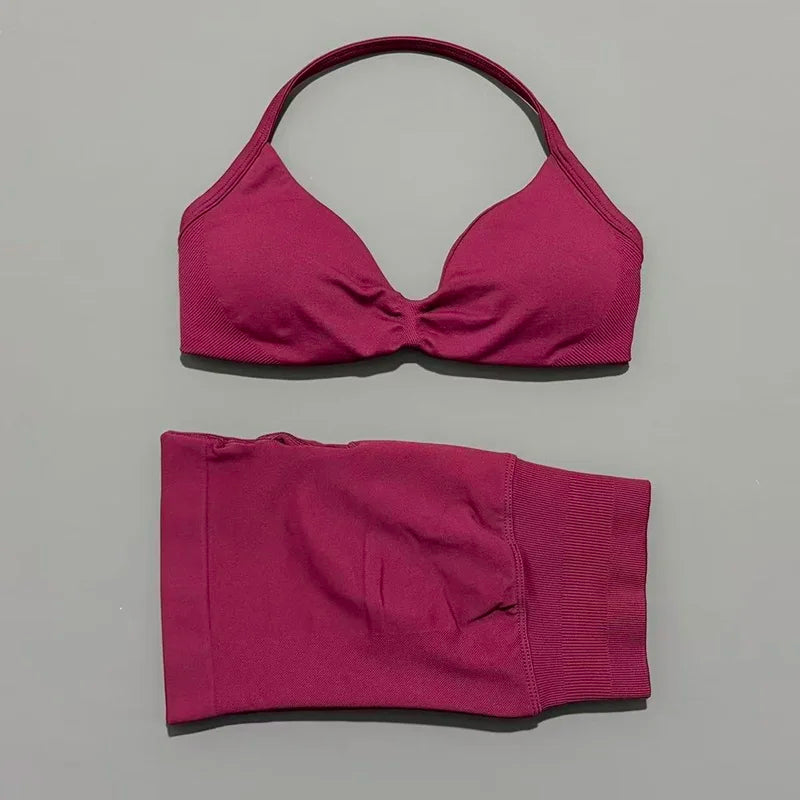 2 Piece Sports Set Women Strappy Yoga Bra Gym Workout Scrunch Shorts Sports Suit Fitness Clothes Seamless Yoga Set