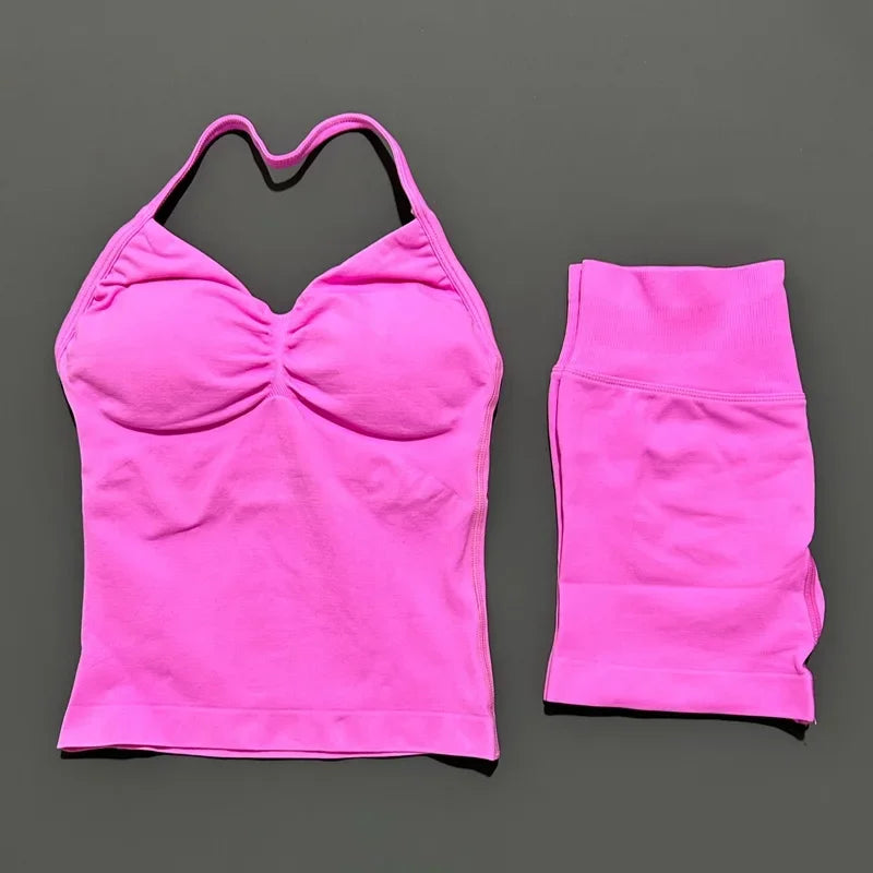2 Piece Impact Sports Set Women Backless Halter Tops Fitness Tank Top High Waist Seamless High Stretch Shorts Gym Workout Sets