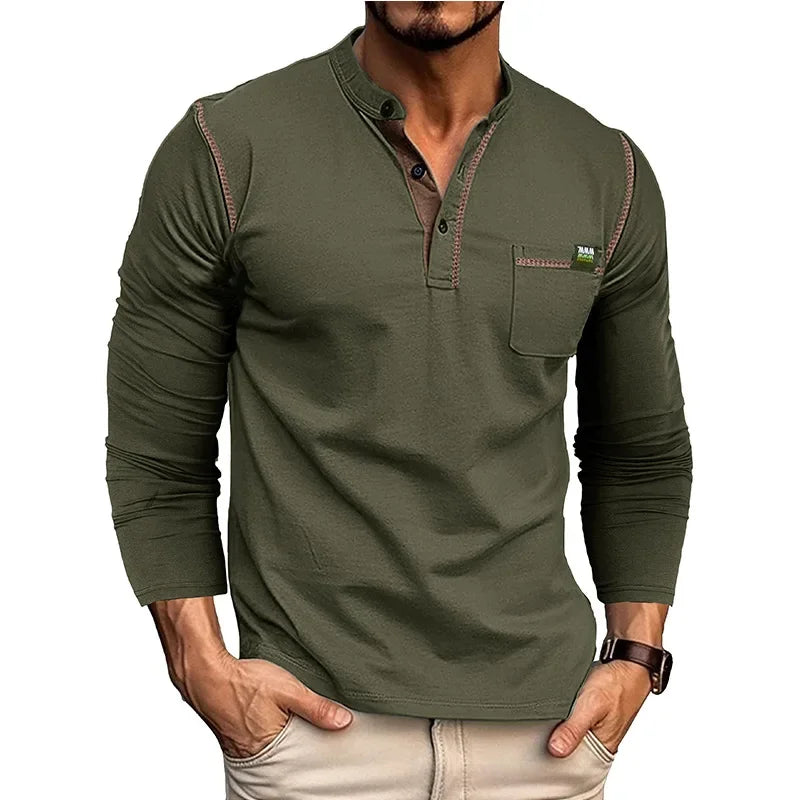 T-shirt Henry Collar Solid Color New Autumn Winter Men's Long-sleeved Casual Fashion Tee Top