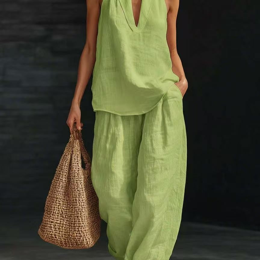 French Style Halter Top and Wide-Leg Pants