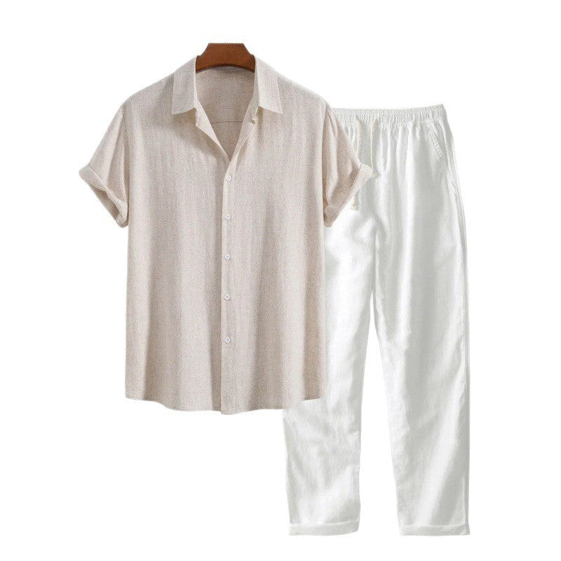 Mens Solid Color Short Sleeve Shirt and Pants Set
