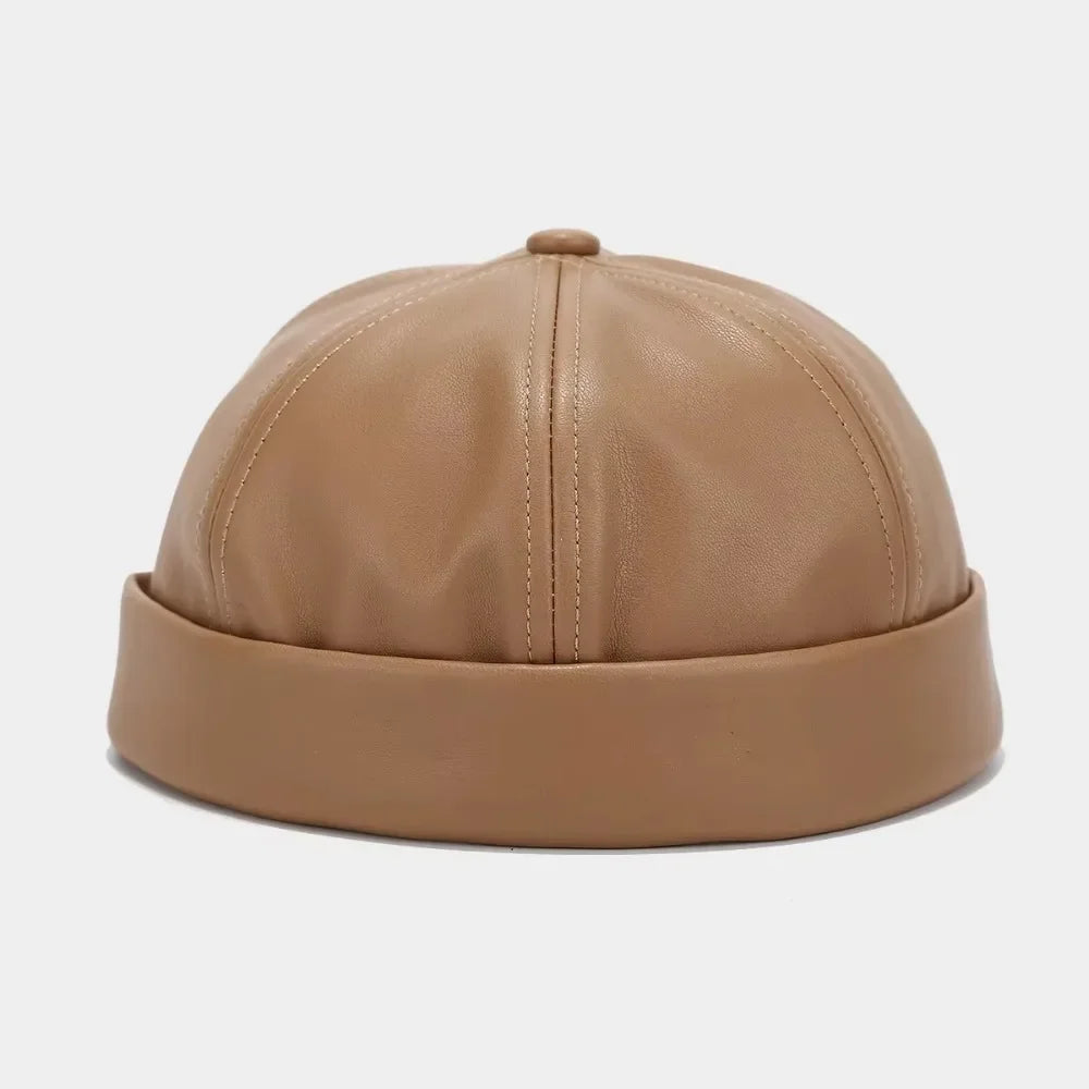 Casual Retro Brimless Hat PU Leather Adjustable Melon Skin Caps Solid Color Docker Cap Autumn Winter