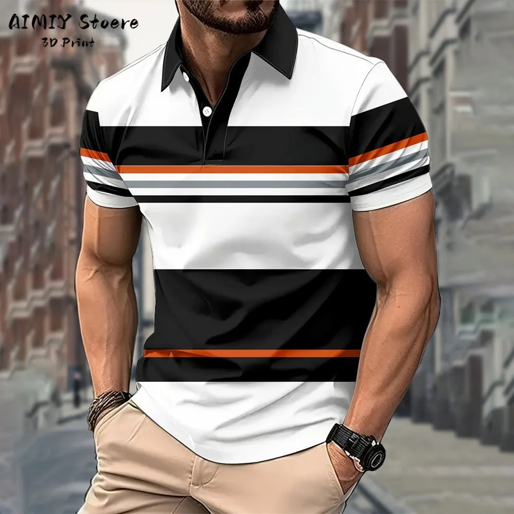 Men's Polo Shirt Striped Polo Shirt Casual Men's Top Short Sleeve Lapel Shirt White Base Gray Stripe Versatile Business Wear