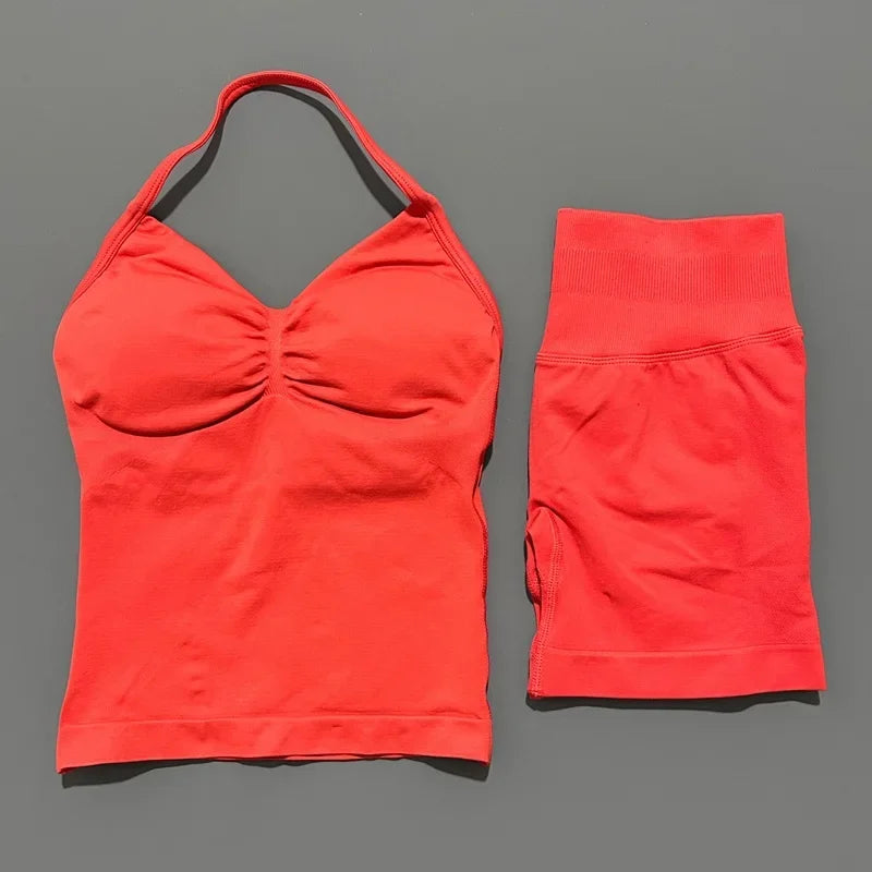 2 Piece Impact Sports Set Women Backless Halter Tops Fitness Tank Top High Waist Seamless High Stretch Shorts Gym Workout Sets