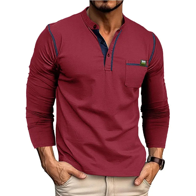 T-shirt Henry Collar Solid Color New Autumn Winter Men's Long-sleeved Casual Fashion Tee Top