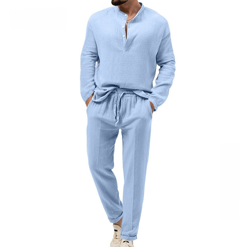 Men's Pure Color Casual Long Sleeve Shirt and Pants Set