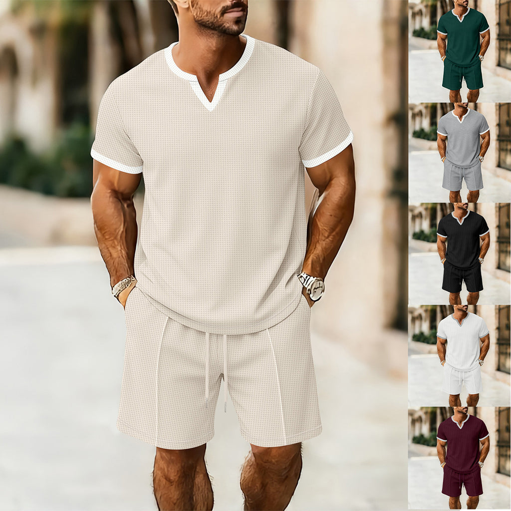 Waffle Pattern Men's V-Neck T-Shirt and Shorts