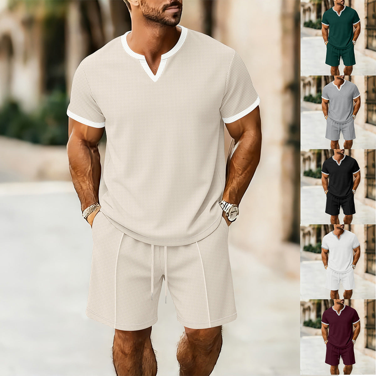 Waffle Pattern Men's V-Neck T-Shirt and Shorts