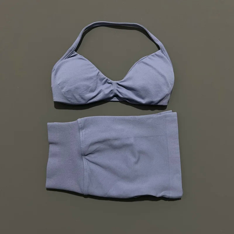 2 Piece Impact Sports Set Women Strappy Yoga Bra Gym Workout Scrunch Shorts Sports Suit Fitness Clothes Seamless Yoga Set