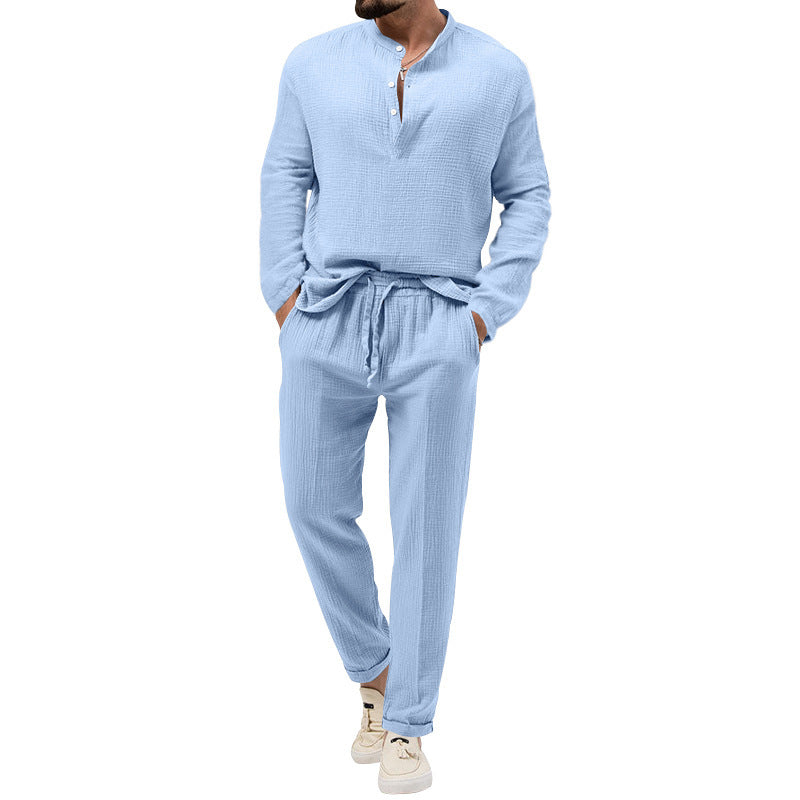 Men's Pure Color Casual Long Sleeve Shirt and Pants Set