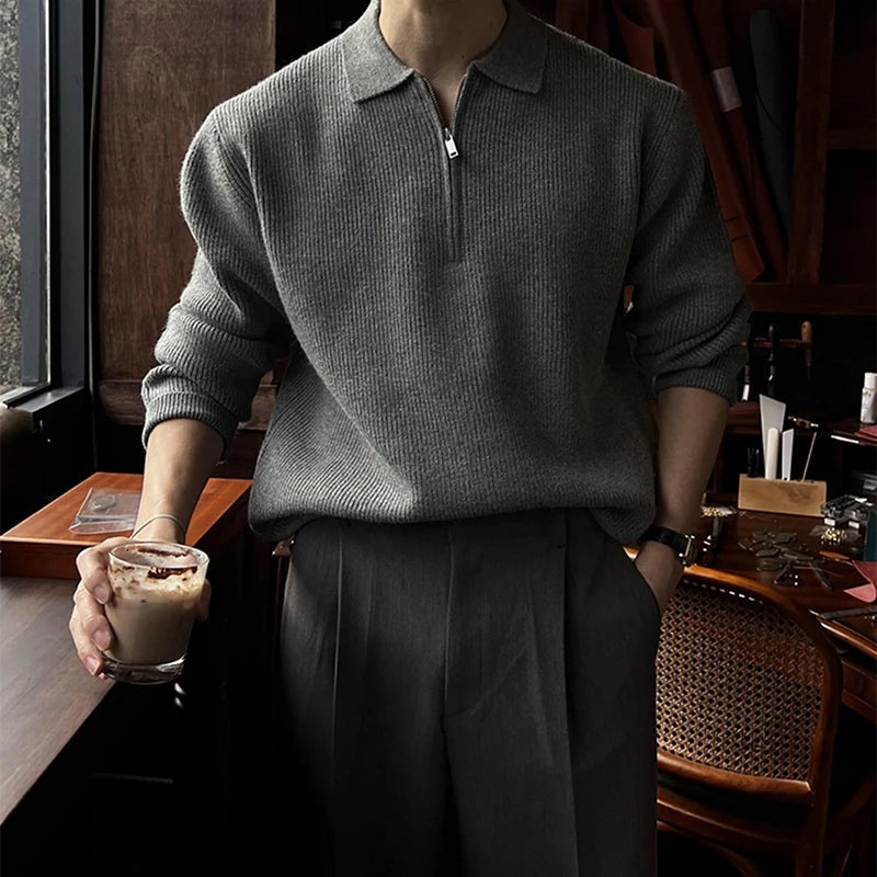 Vintage Zipper Lapel Knitted Polo Shirts