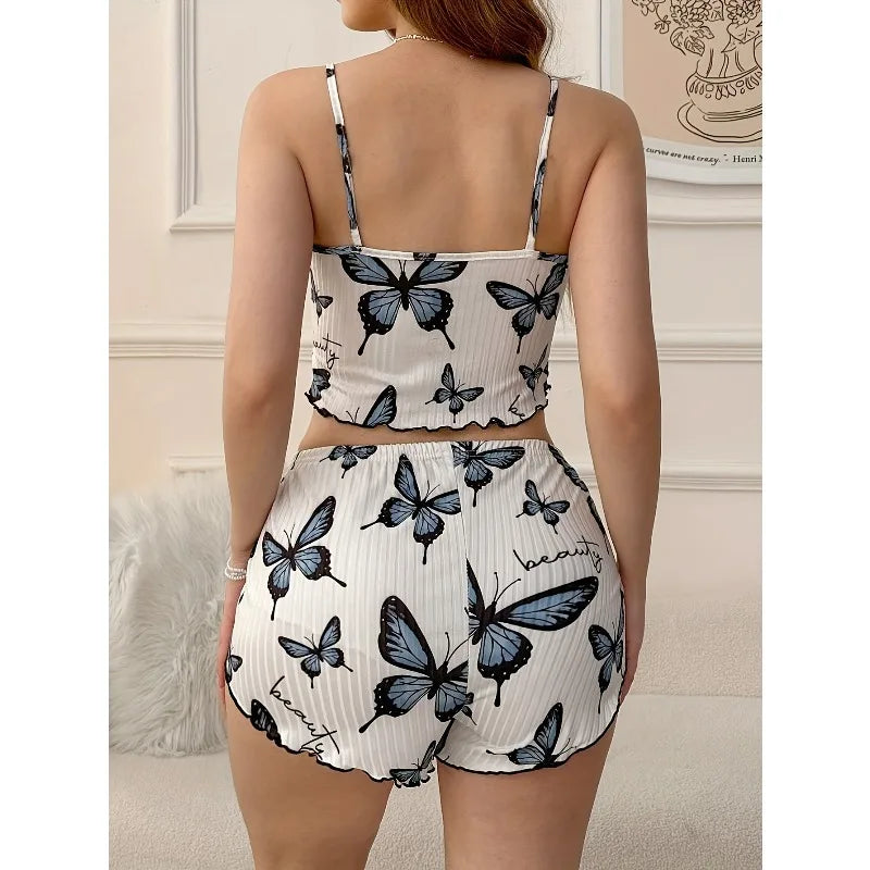 Women's Butterfly Print Pajama Set Sleeveless Crop Top and Shorts 2 Piece Set Casual Soft Loungewear for Women