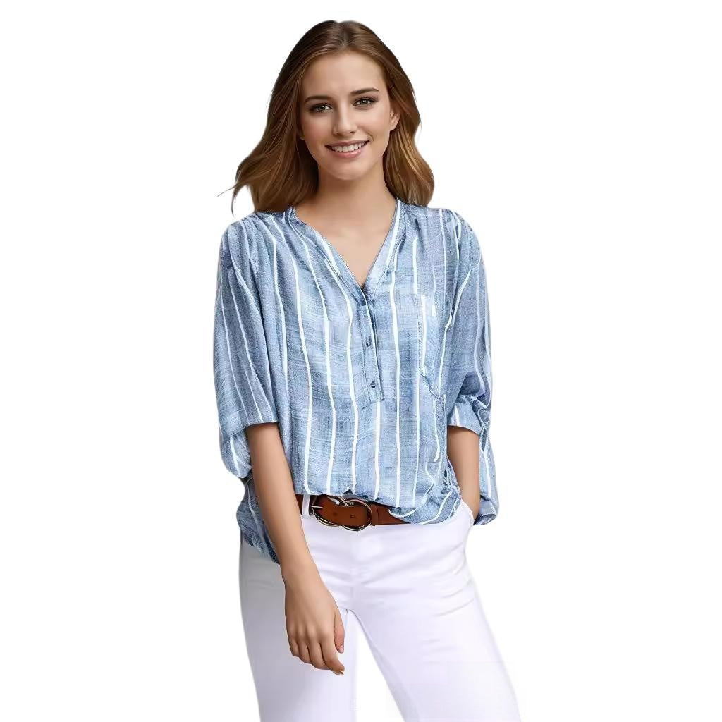 Long sleeve half placket button top women