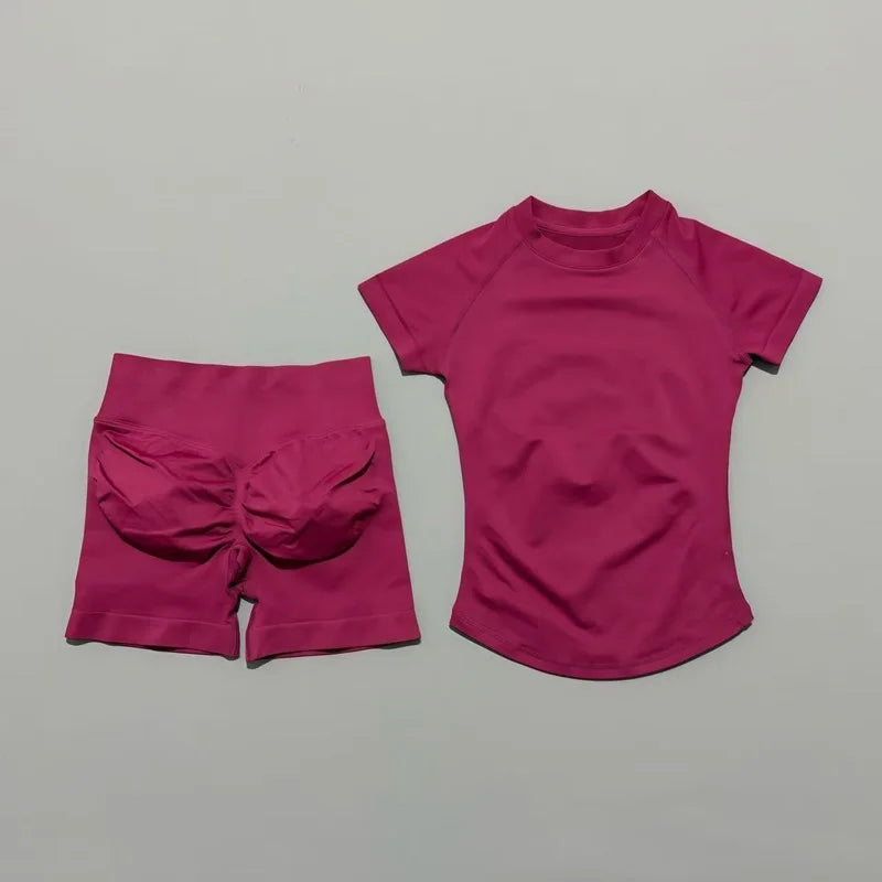 2 Pieces Impact Gym Sets Women Seamless knitted Yoga Short Sleeve Top Fitness Set Workout Running Sports Short Leggings Suit