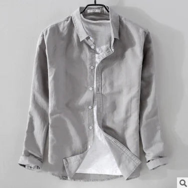 White Cotton Linen Long Sleeve Shirt for Youth Casual