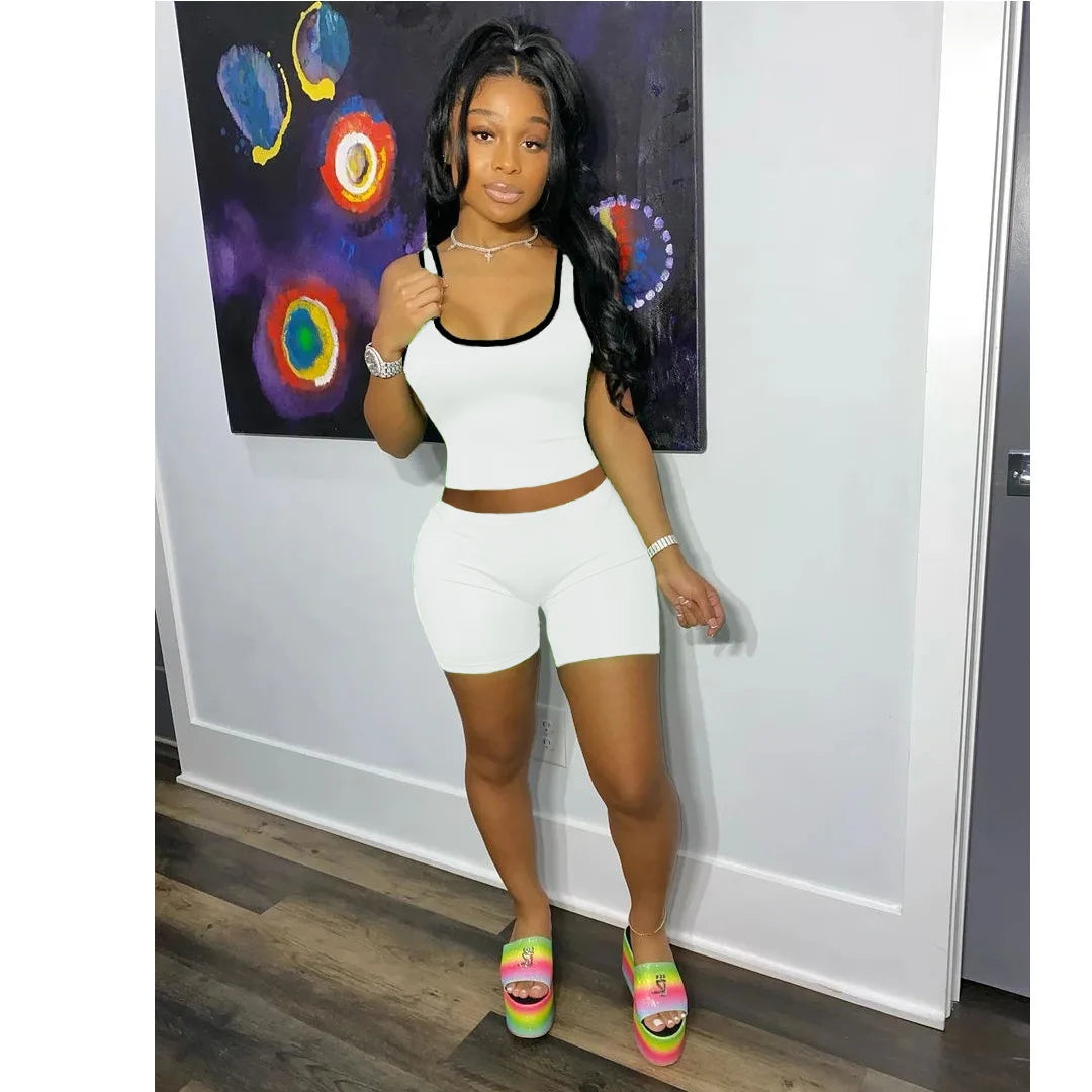 2024 European and American Women's Fashion Sexy Sports Solid Color Tank Top Shorts Set