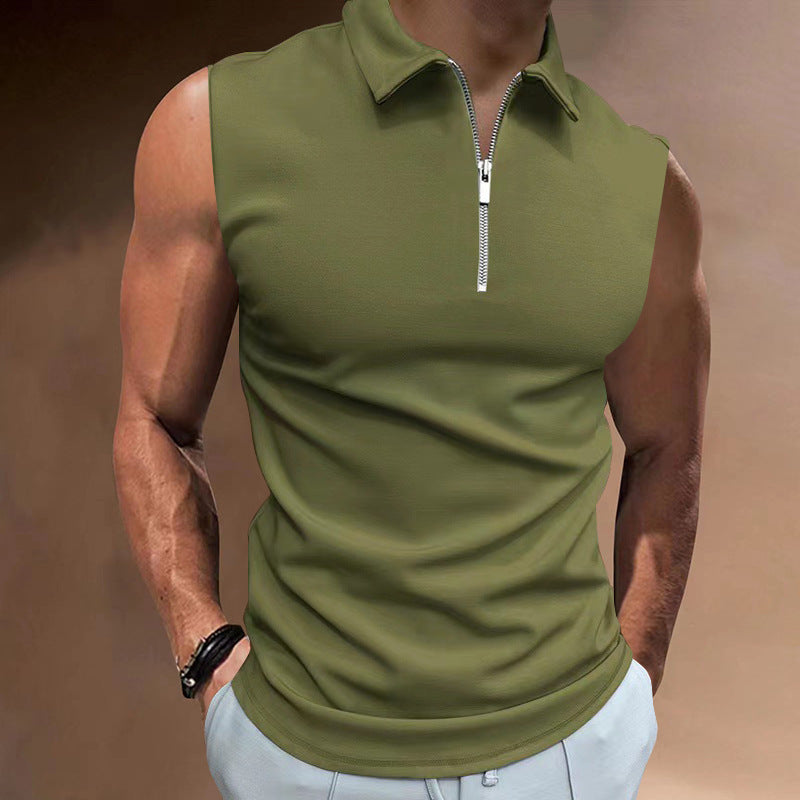 Men's Solid Color Sleeveless Polo Shirt - Casual Tops
