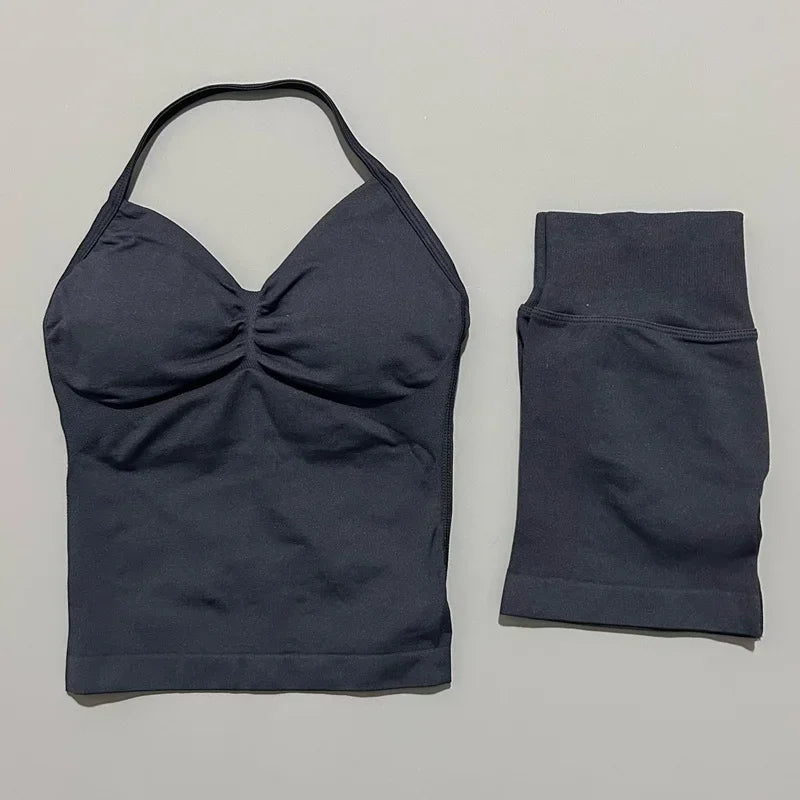 2 Piece Impact Sports Set Women Backless Halter Tops Fitness Tank Top High Waist Seamless High Stretch Shorts Gym Workout Sets