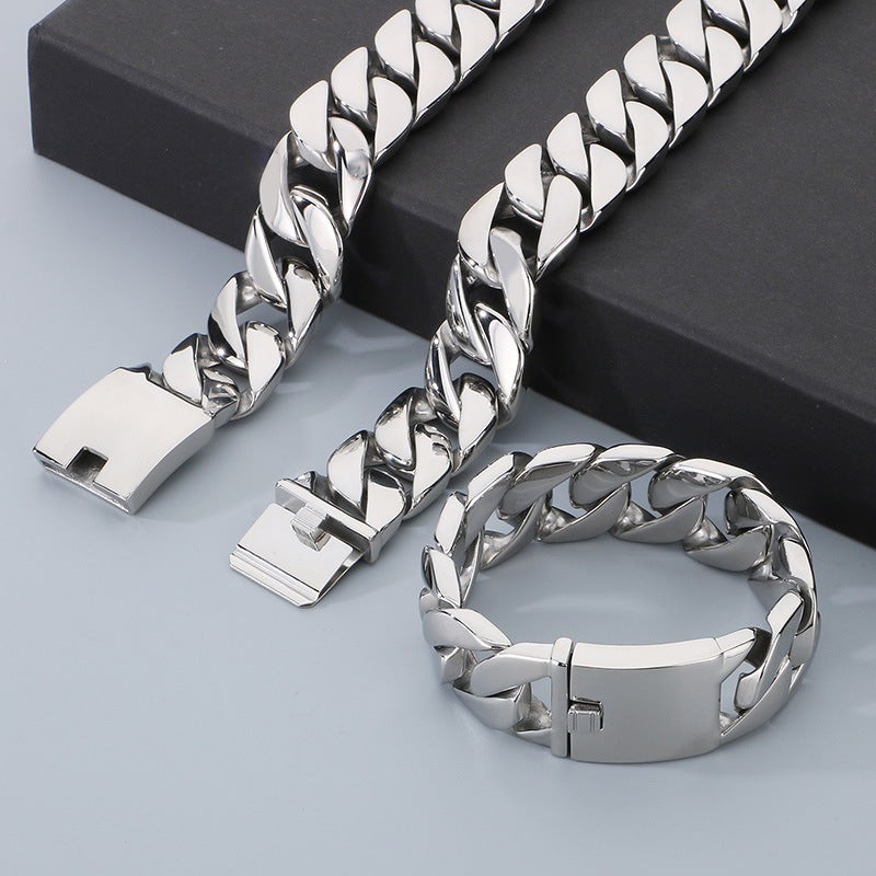 Hip Hop Cuban Chain Titanium Steel Necklace Bracelet Set