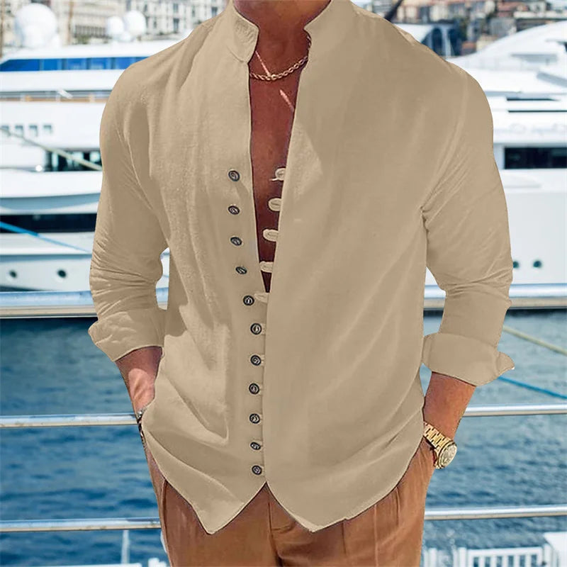 Men'S New Cotton and Linen Pocket Retro Stand-Up Collar Shirt