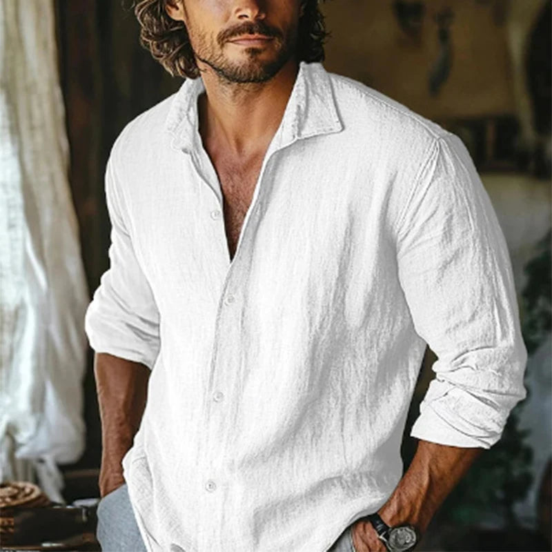 2025 Spring New Casual Solid Color Linen Shirt Mens Long Sleeve Button-up Turn-down Collar Leisure Shirts Vintage Men Clothing