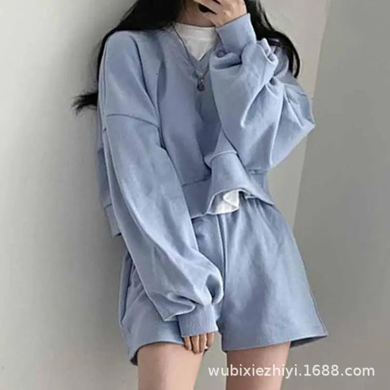 Korean Set Lazy V Neck Pullover Sweatshirt Set