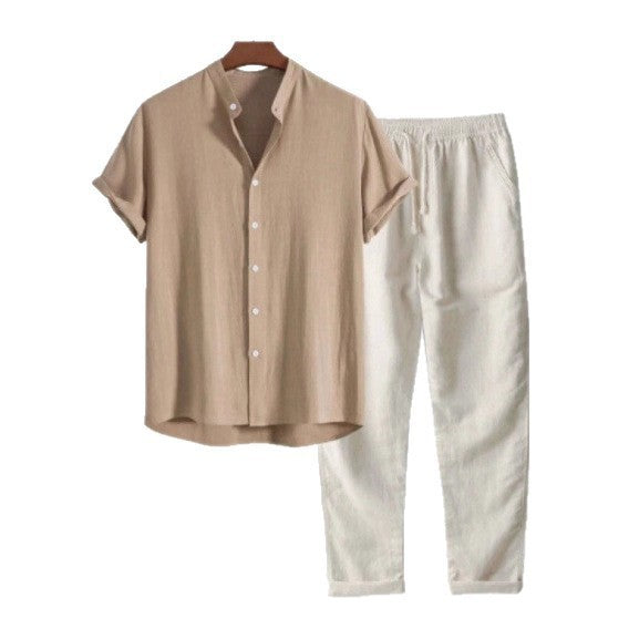 Mens Solid Color Short Sleeve Shirt and Pants Set