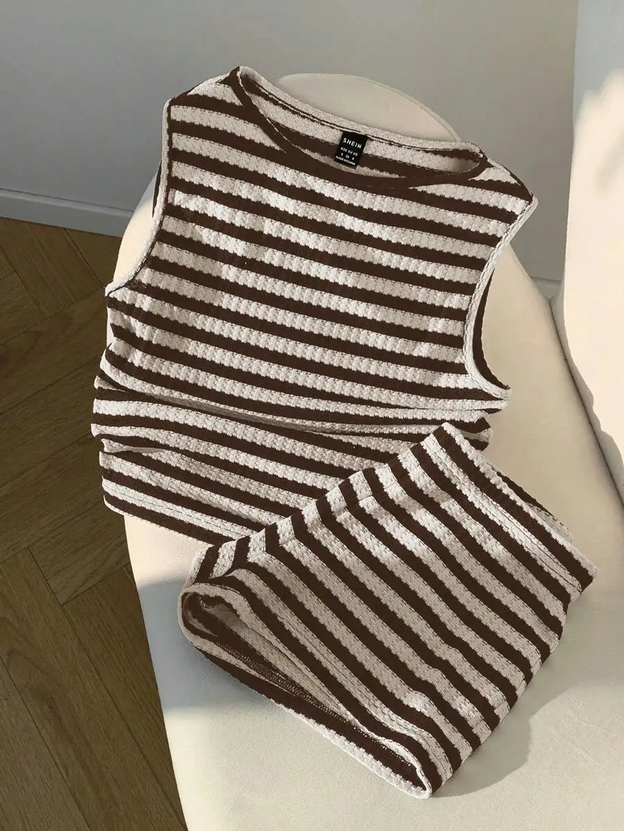 Brown and Cream Striped Cropped Tank Top and Shorts Set, Casual Summer Outfit