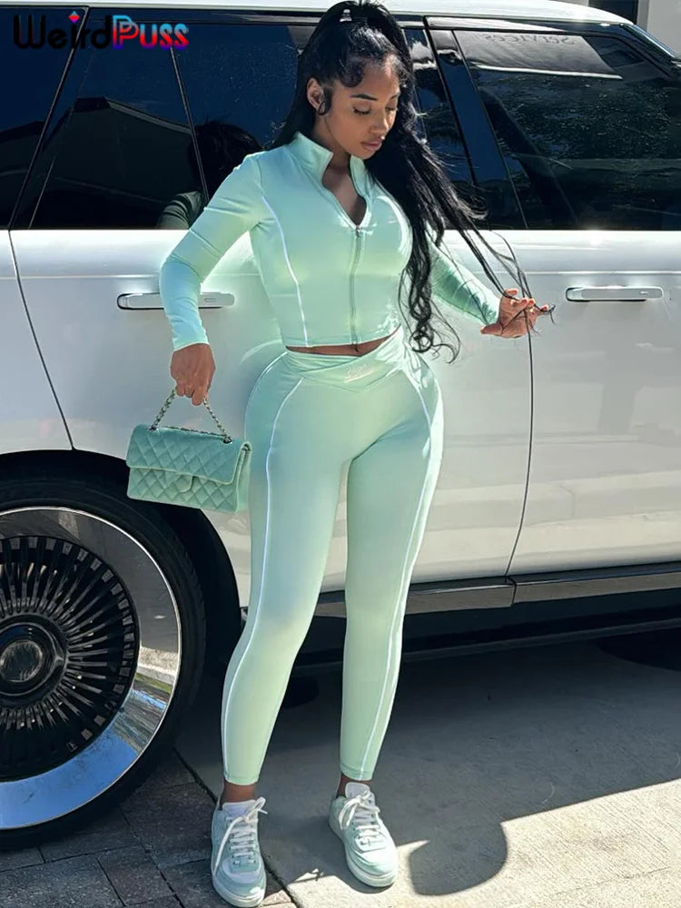Weird Puss Casual 2 Piece Set Tracksuit Elastic Patchwork Stripe Tight Zip Crop Jacket+Leggings Matching Streetwear Sporty Suits