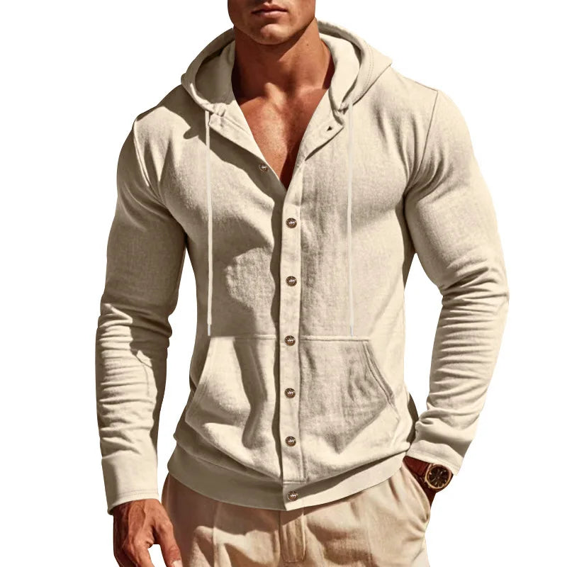 2026 Cross-border spring and autumn new American loose men's shirt loose linen casual simple beach hooded long-sleeved lining