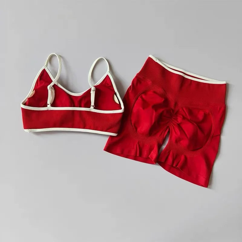 Peach Buttock Yoga Suit Women Gym Seamless Suspender Gathering Bra High Waist Hip Lifting Belly Tightening Shorts Fitness Set