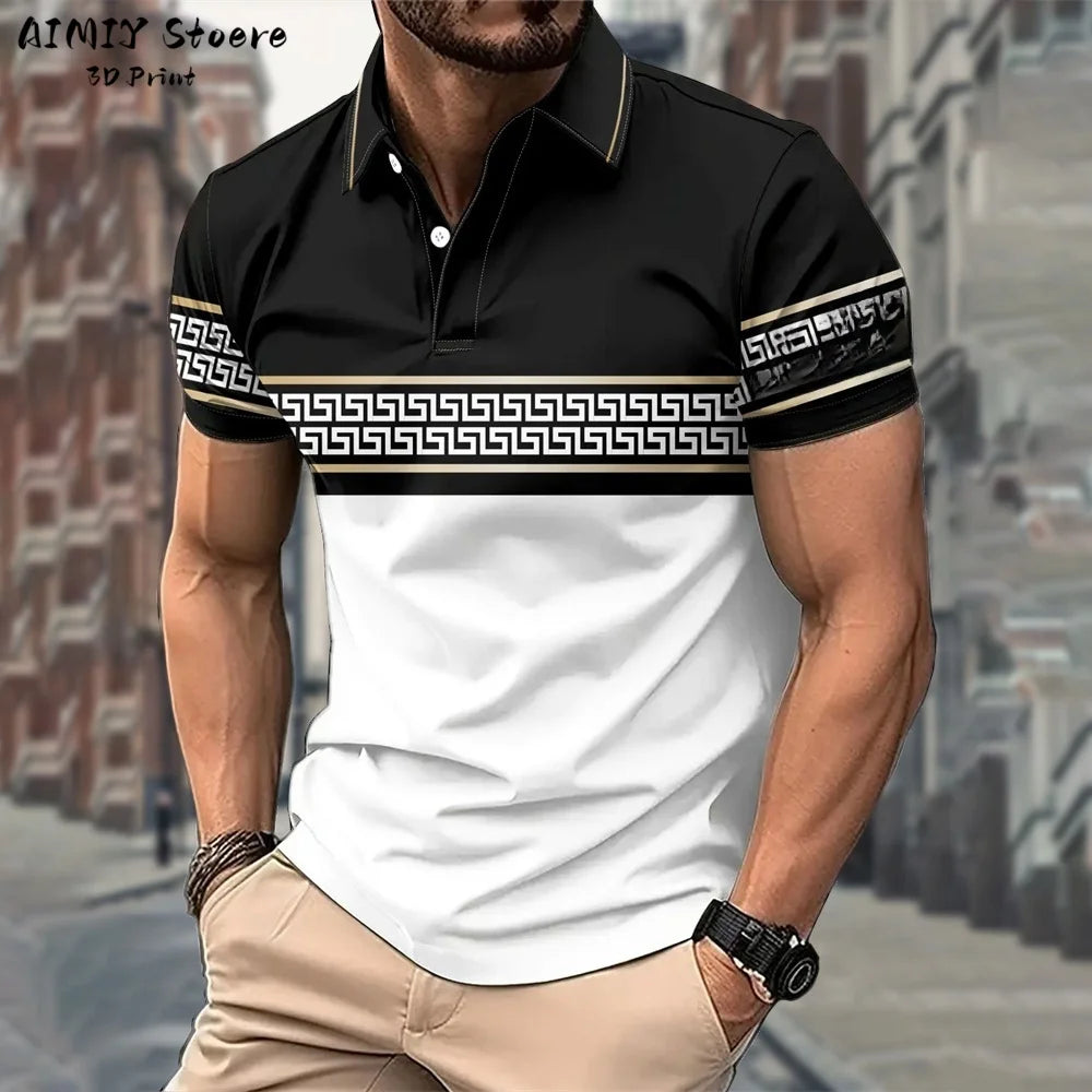 Men's Polo Shirt Striped Polo Shirt Casual Men's Top Short Sleeve Lapel Shirt White Base Gray Stripe Versatile Business Wear