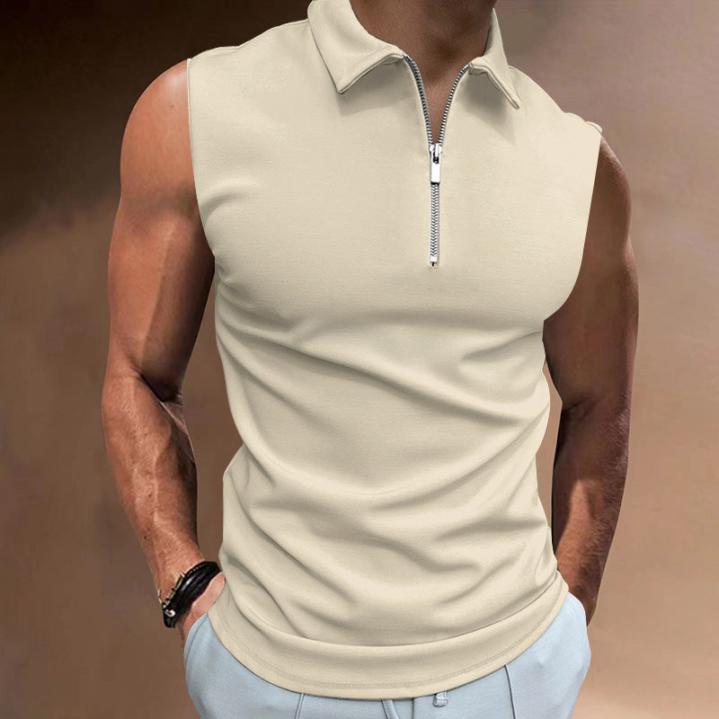 Men's Solid Color Sleeveless Polo Shirt - Casual Tops