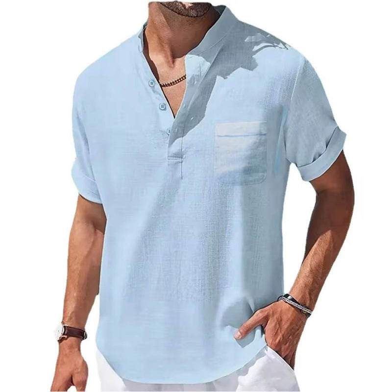Men's Linen Short Sleeve Shirt with Stand Collar
