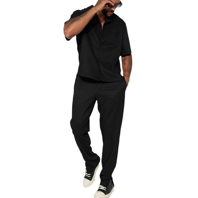 Men's Casual Short Sleeve Lapel Shirt and Long Pants Set
