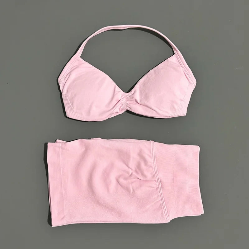 2 Piece Sports Set Women Strappy Yoga Bra Gym Workout Scrunch Shorts Sports Suit Fitness Clothes Seamless Yoga Set